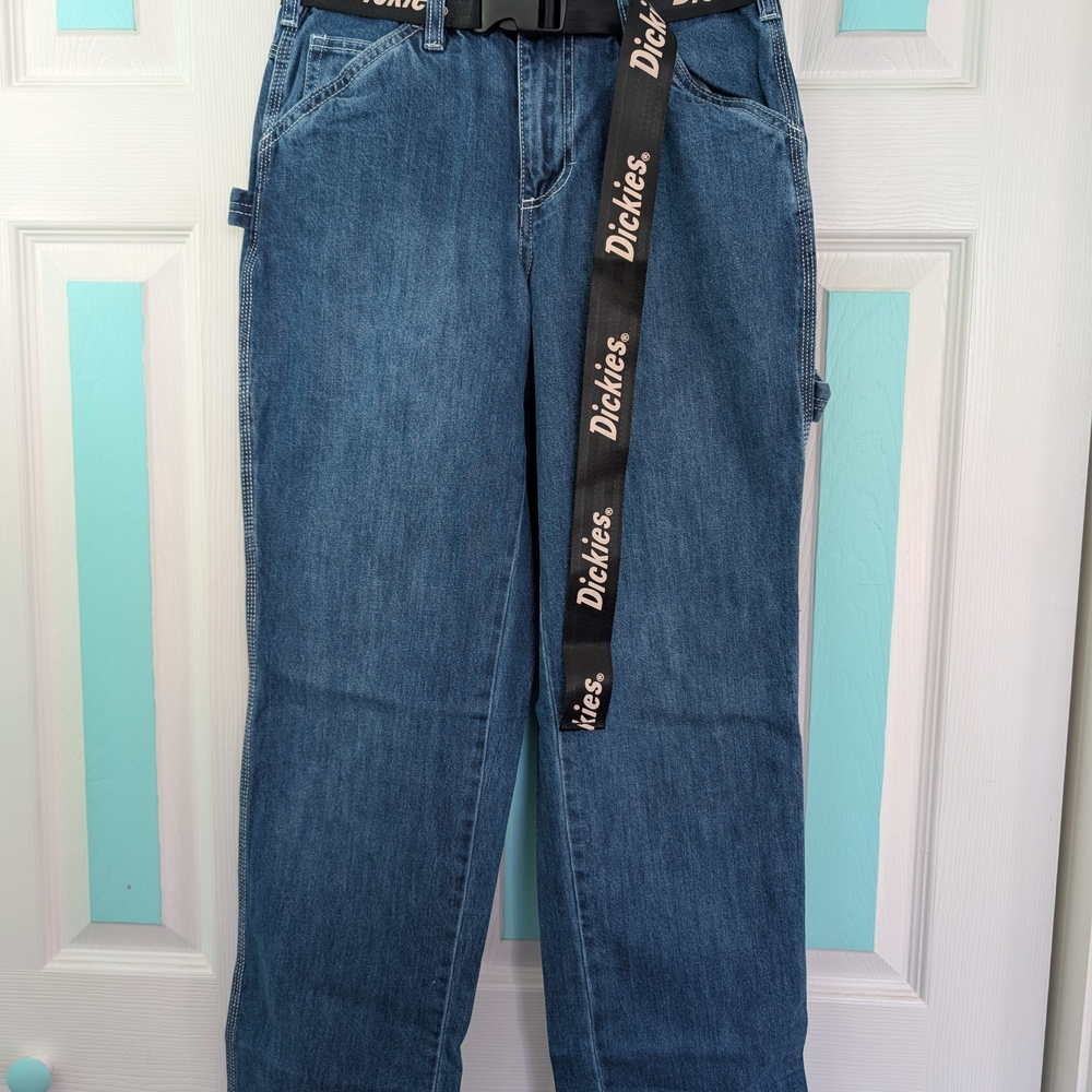 Dickies Women's Straight Leg Blue Jeans with Logo Belt